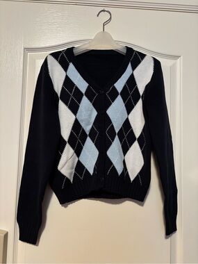 Classic Navy Argyle Button-Front Sweater